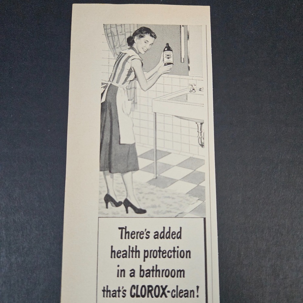 1953 Clorox Clean Bleach Disinfectant Vintage‎ Print Ad Lady Cleaning Bathroom